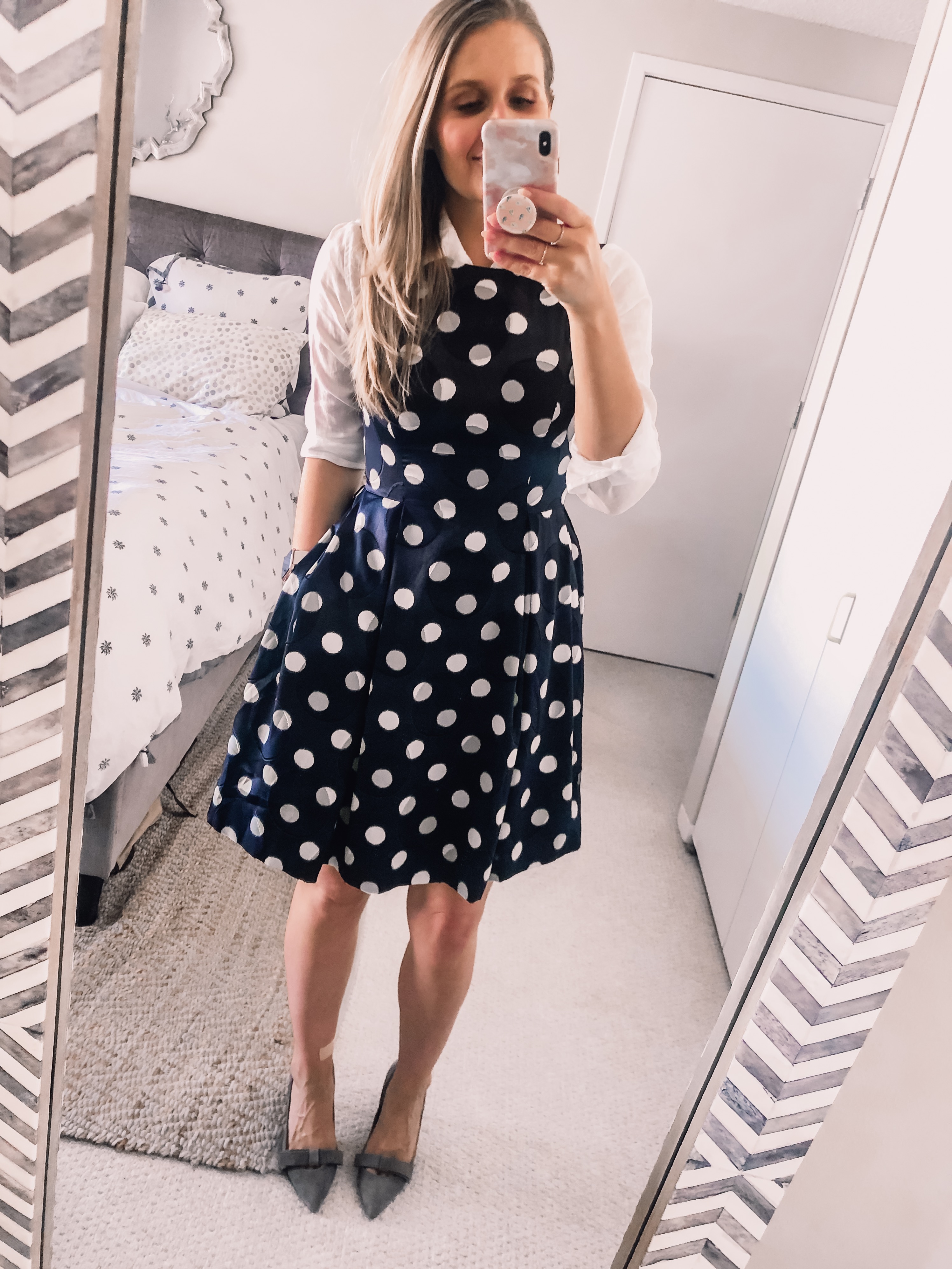 Navy blue office outfit dress with polka dots