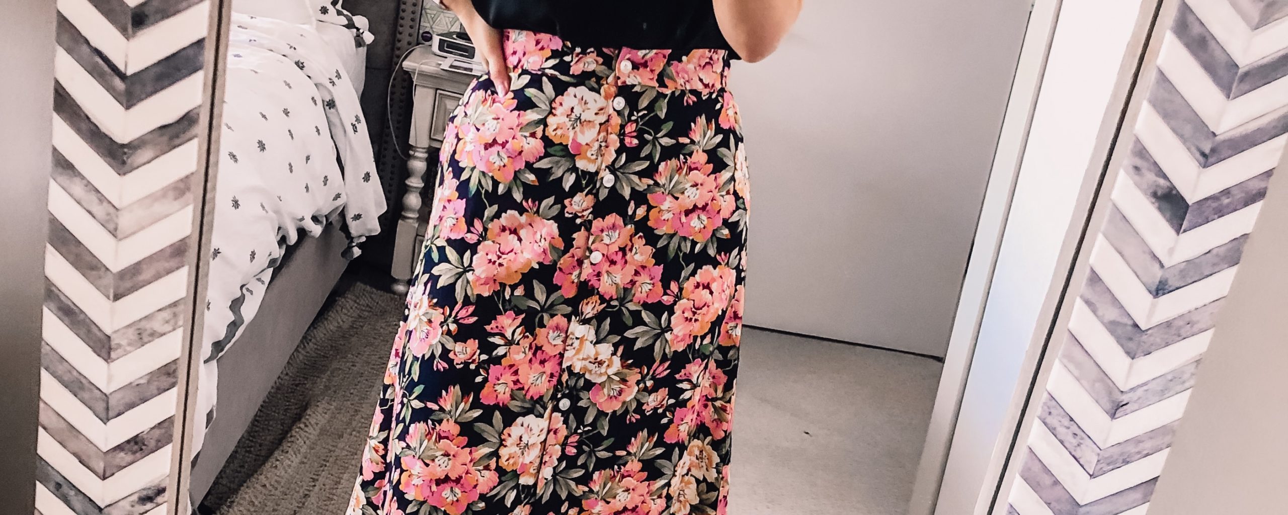 floral midi skirt with buttons and the best black work blouse