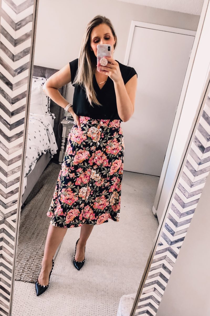 floral midi skirt with buttons and the best black work blouse