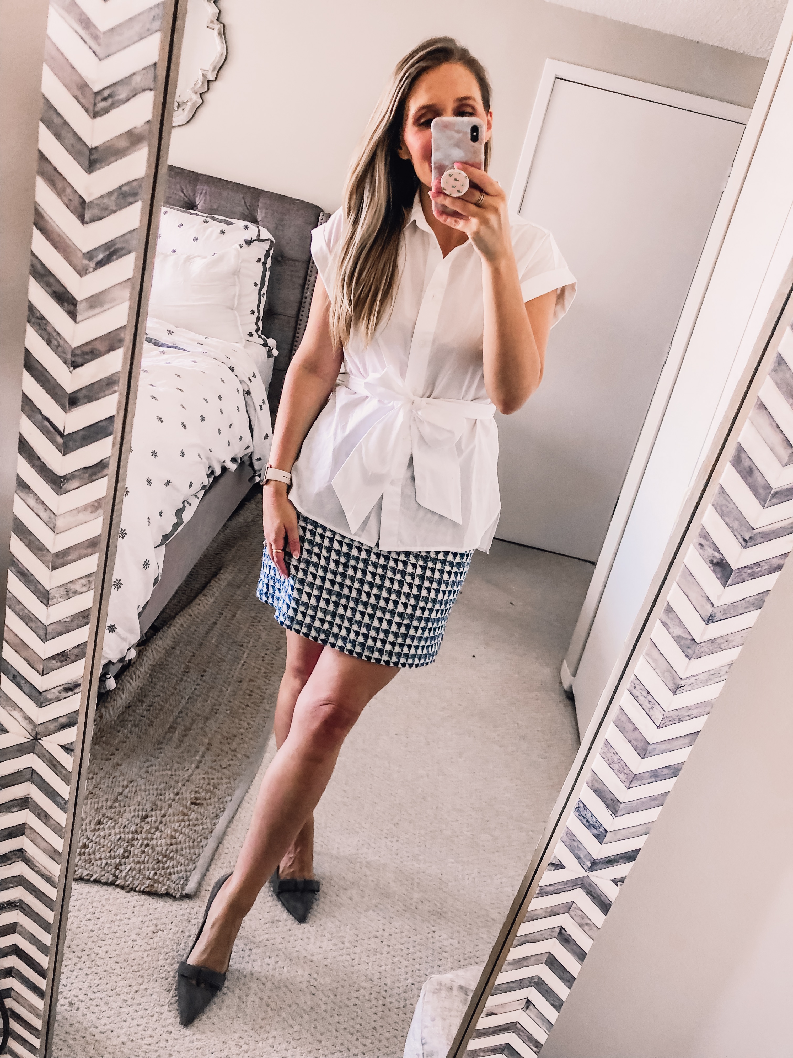 J.Crew Button Down and Geometric Skirt from LOFT for an office outfit