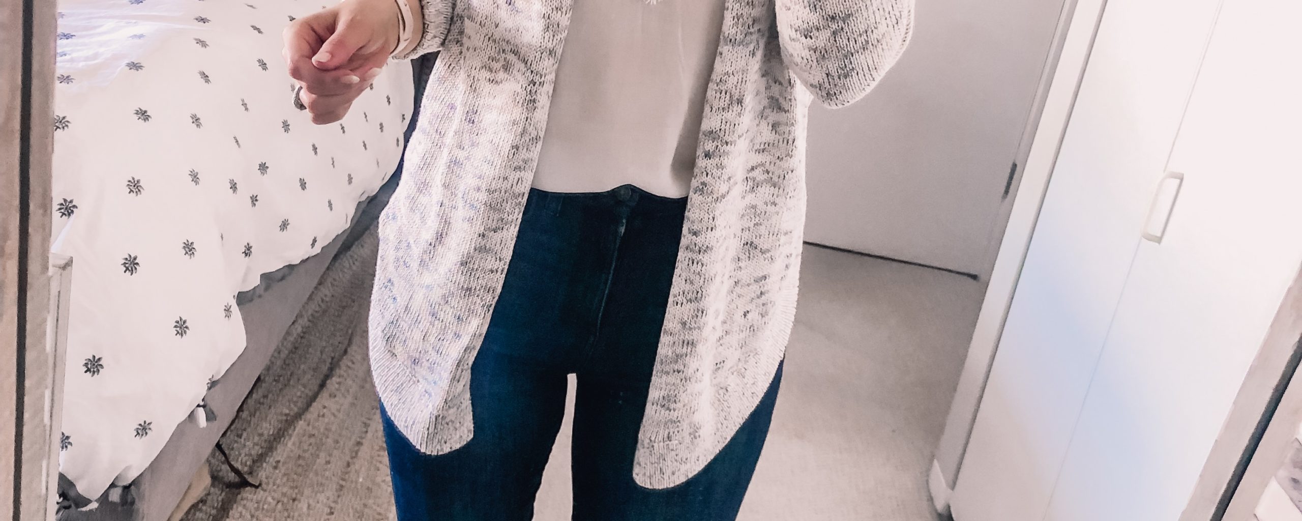 grey cardigan with a white lace top
