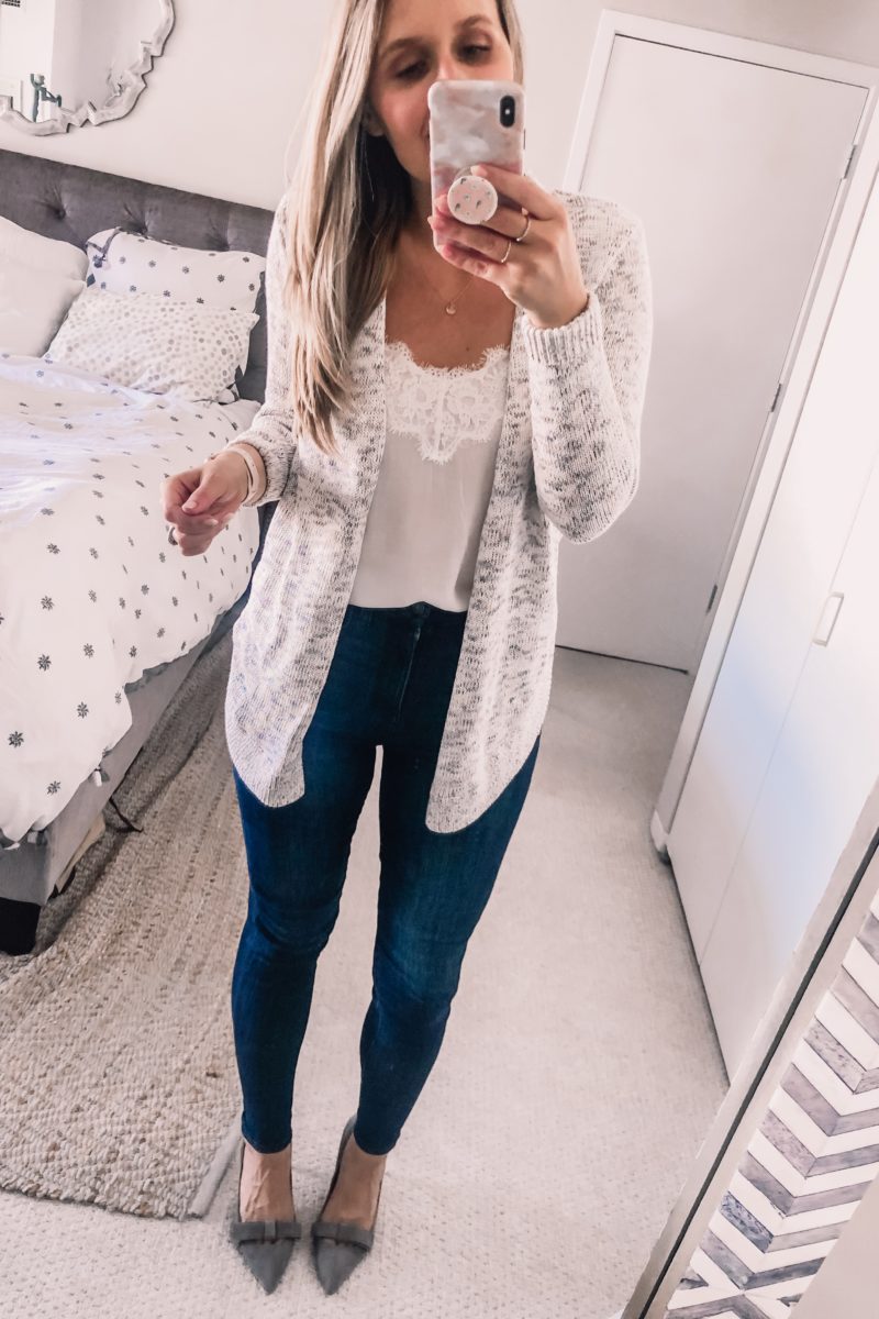 grey cardigan with a white lace top