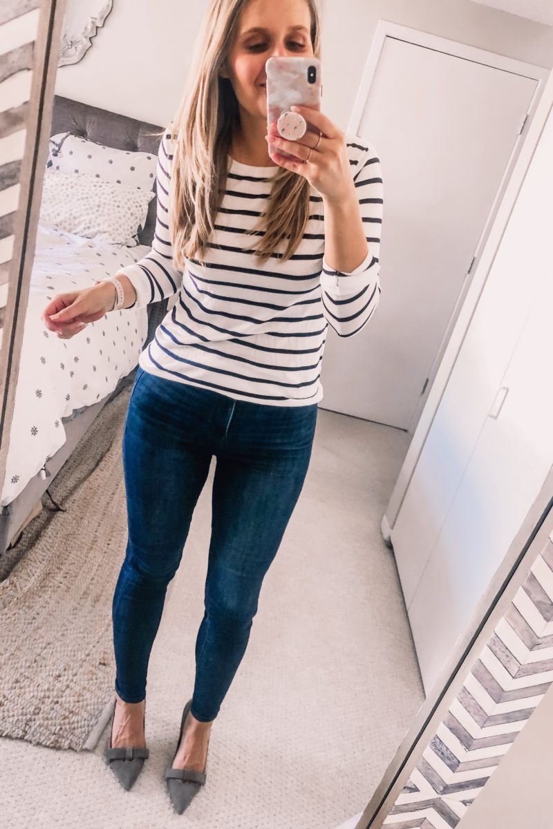 striped sweater and skinny jeans
