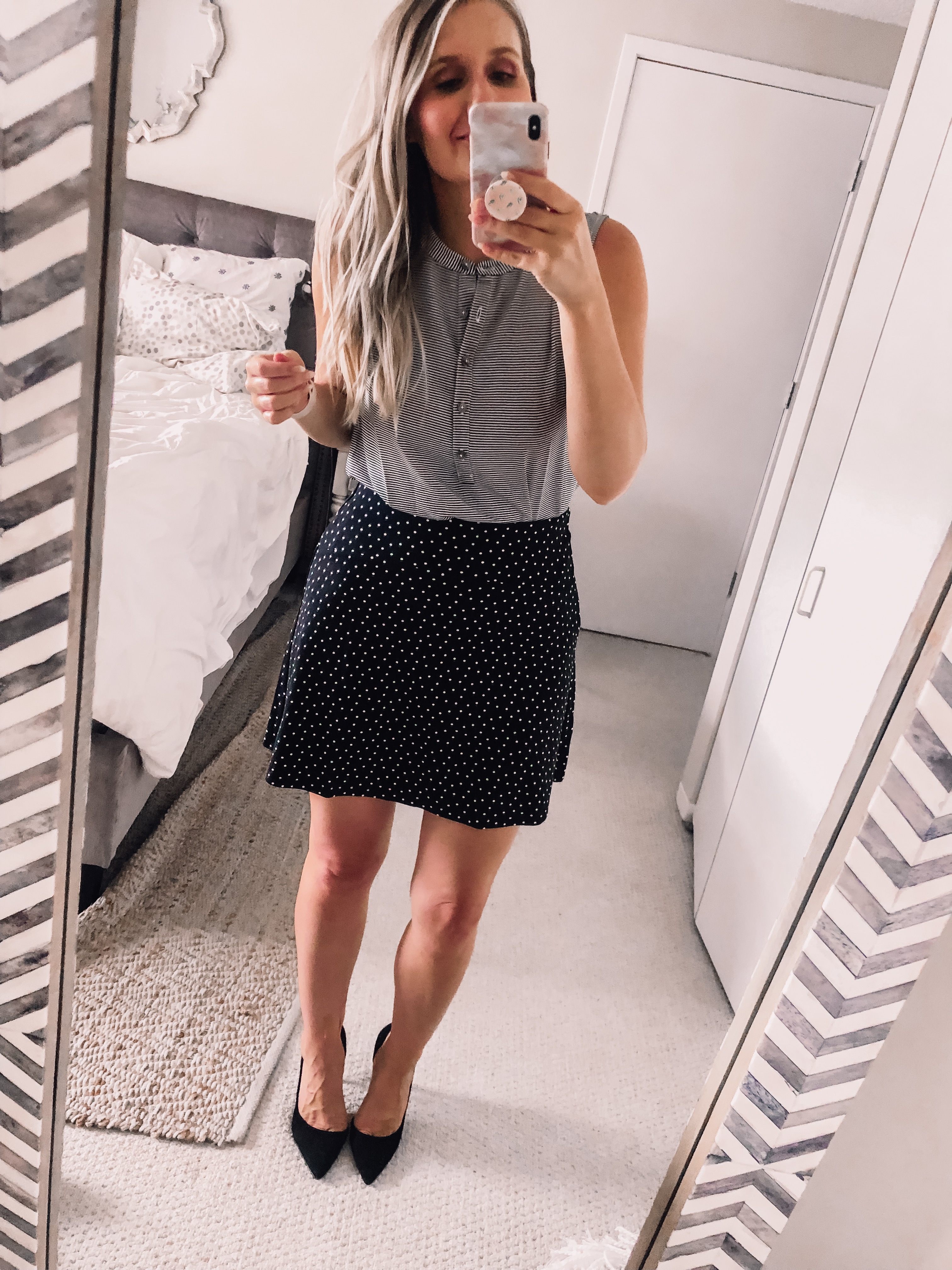 polka dot print skirt and striped tank top