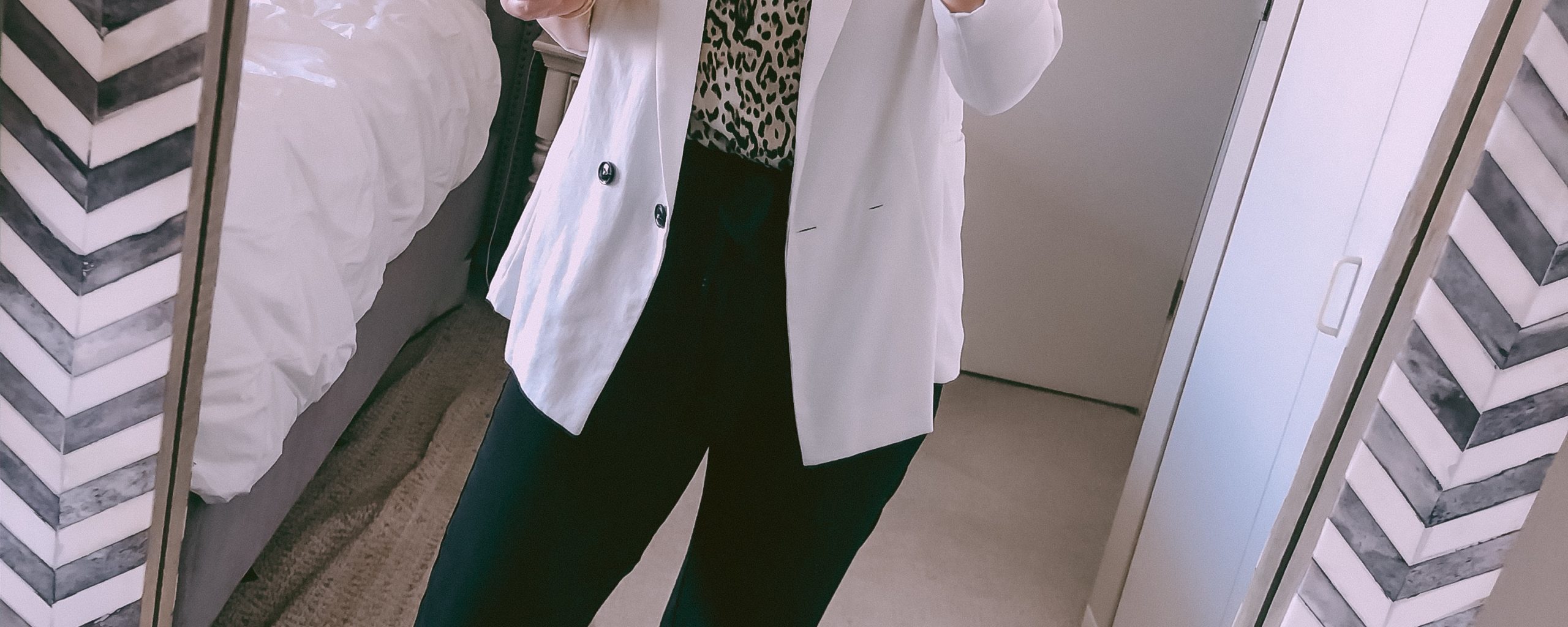 white boyfriend blazer and leopard tank