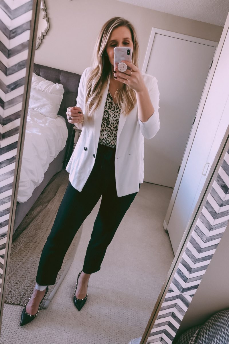 white boyfriend blazer and leopard tank