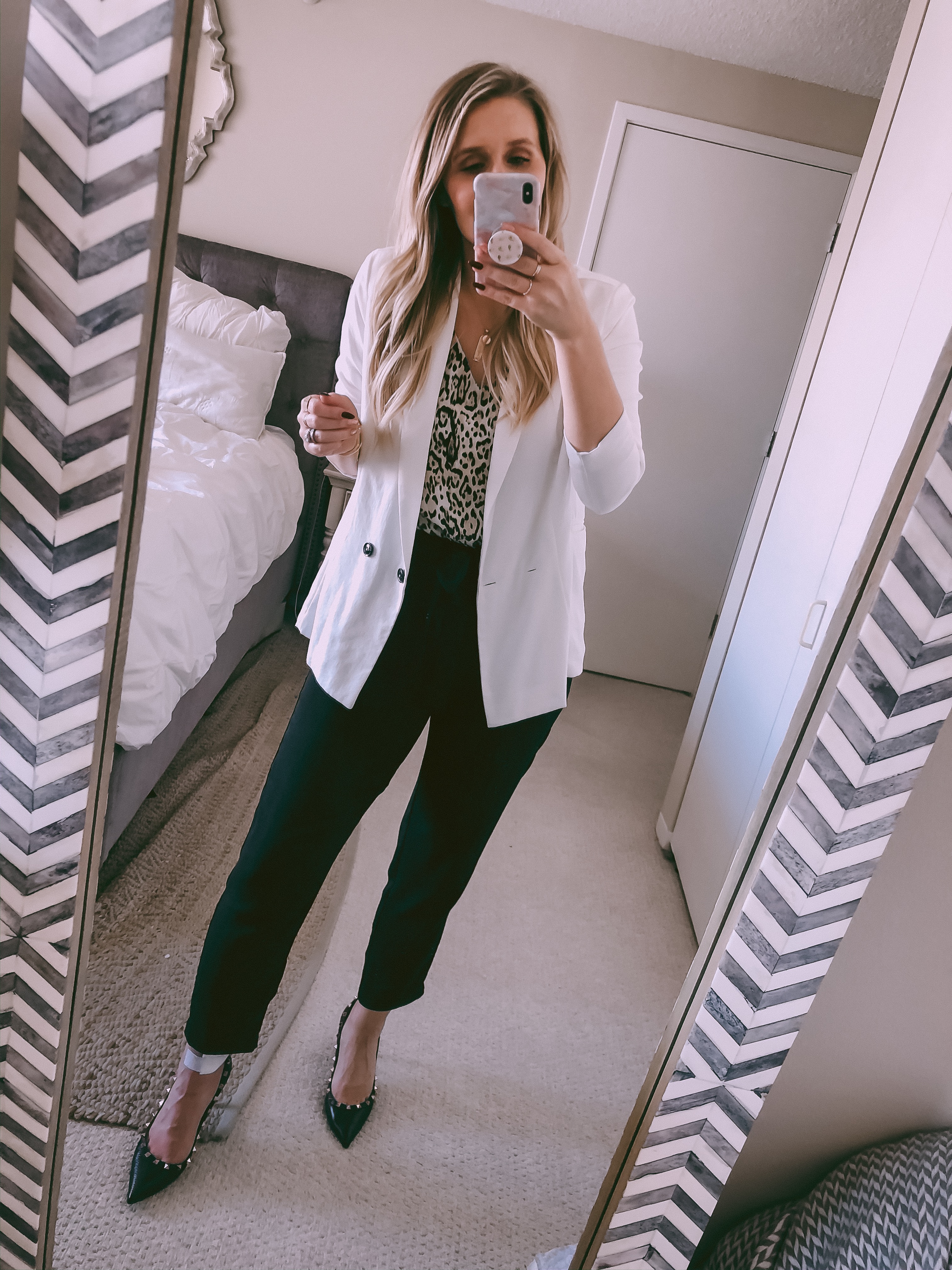 white boyfriend blazer and leopard tank