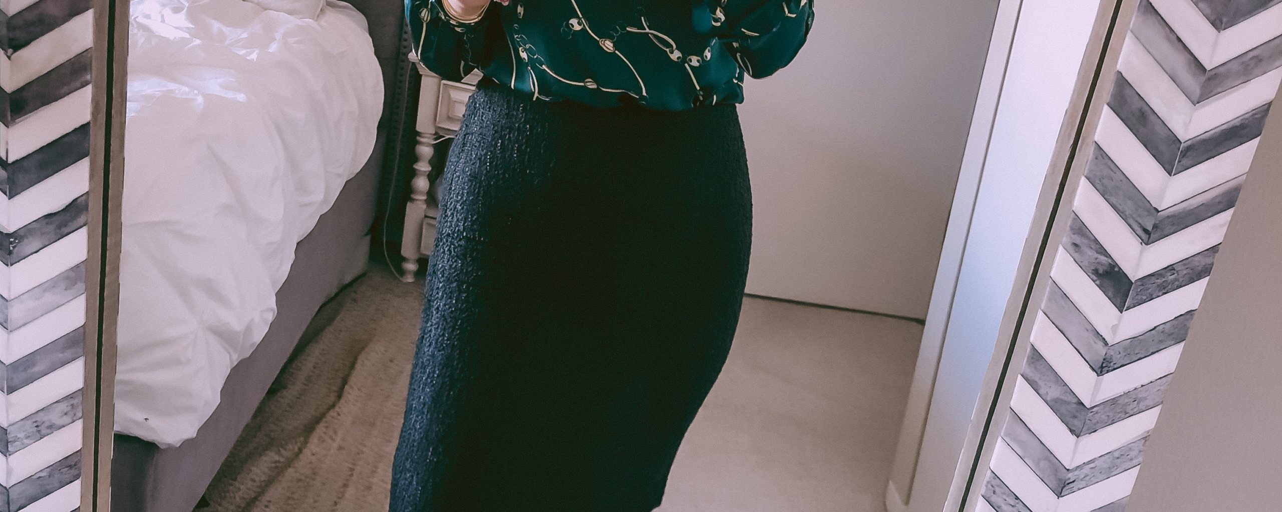 gold and green blouse with a black pencil skirt