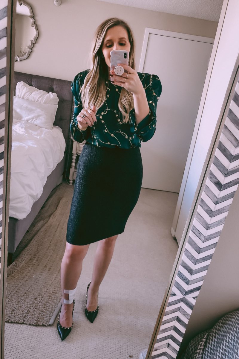 gold and green blouse with a black pencil skirt
