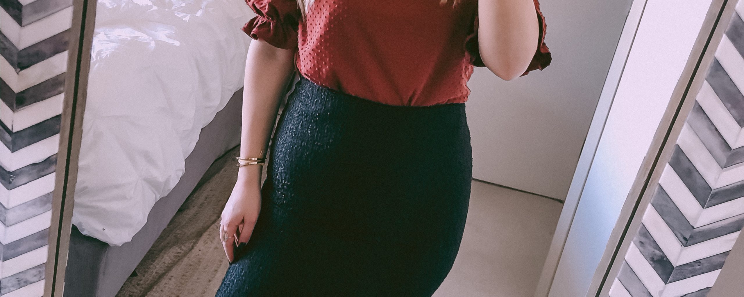 madewell top and black pencil skirt