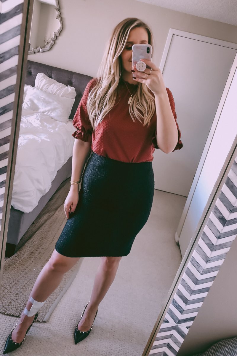 madewell top and black pencil skirt