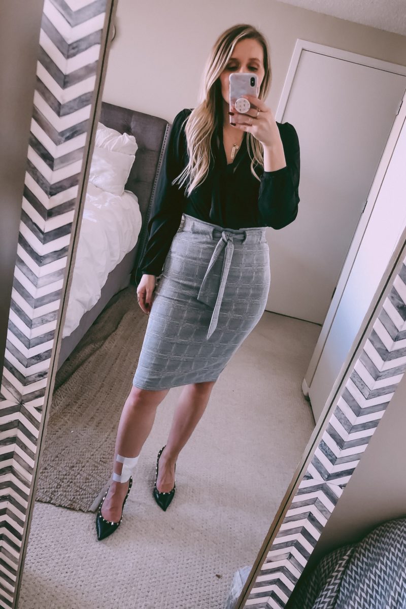 gray pencil skirt with a black blouse