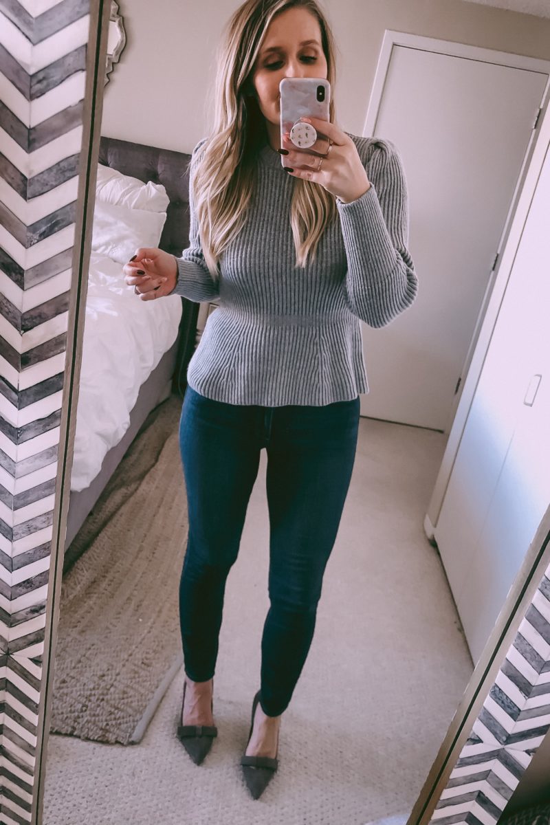grey peplum sweater and dark wash skinny jeans