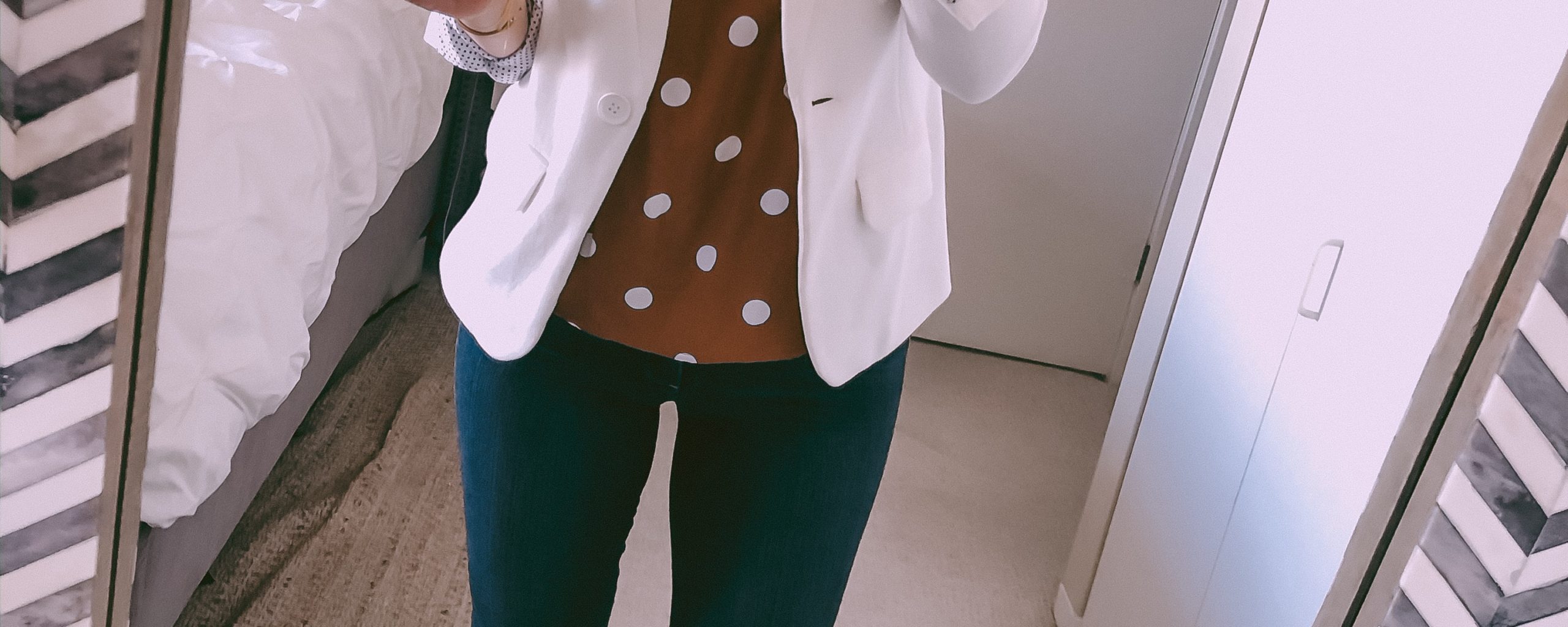 mustard yellow top and white blazer