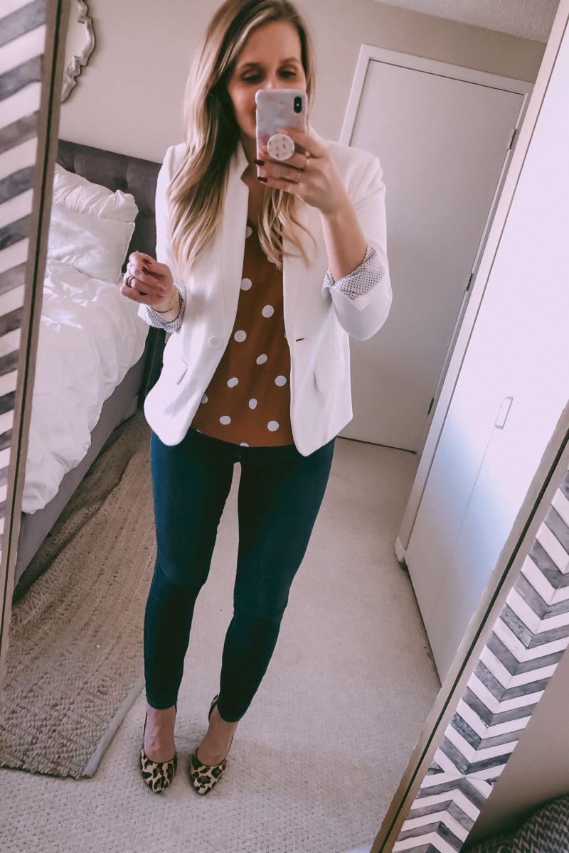 mustard yellow top and white blazer