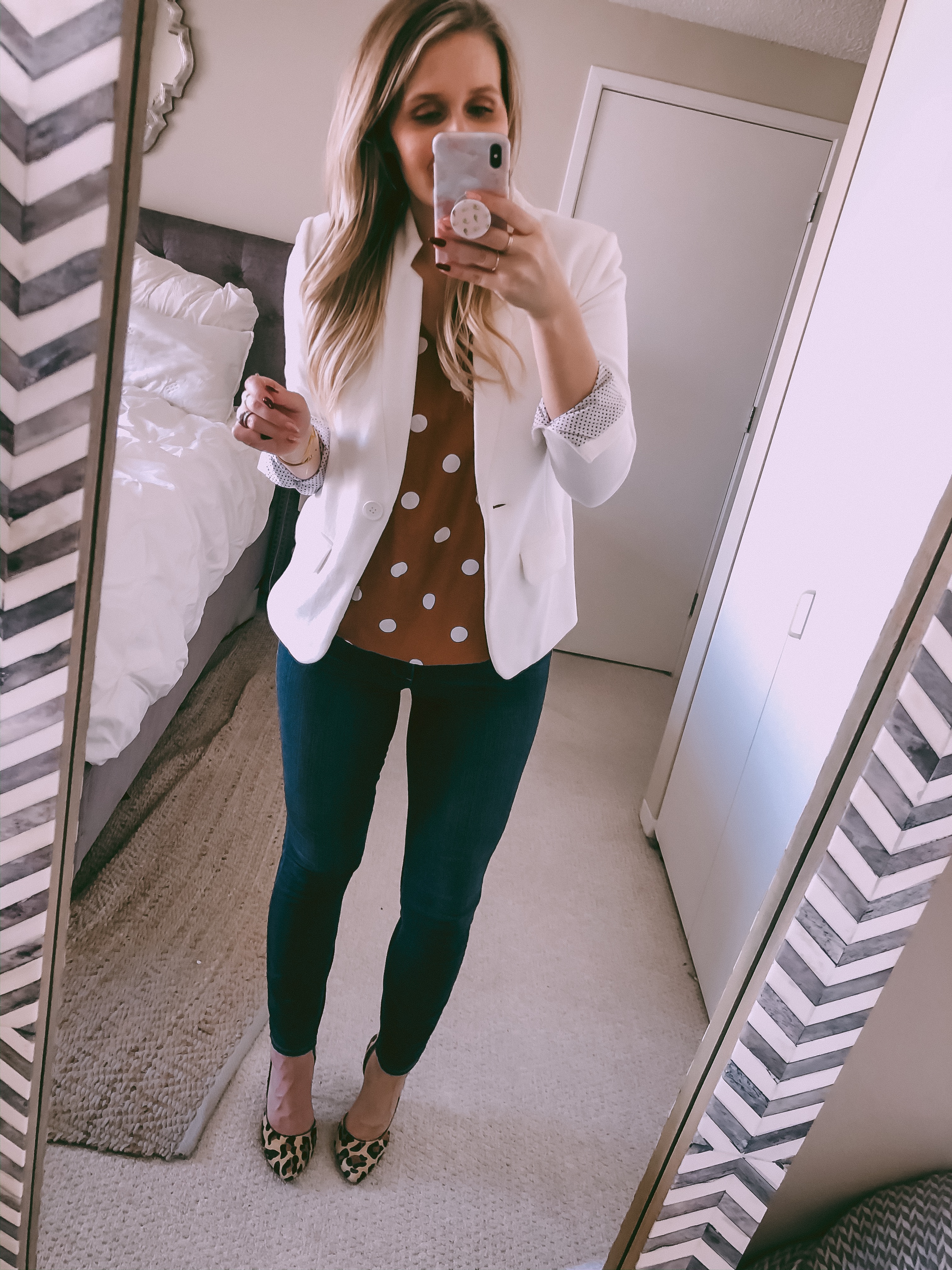 mustard yellow top and white blazer