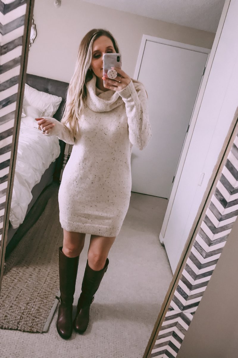 Cowl neck sweater dress