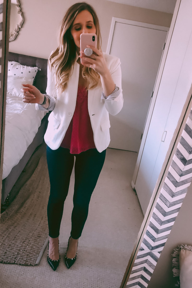 white blazer and a lace tank