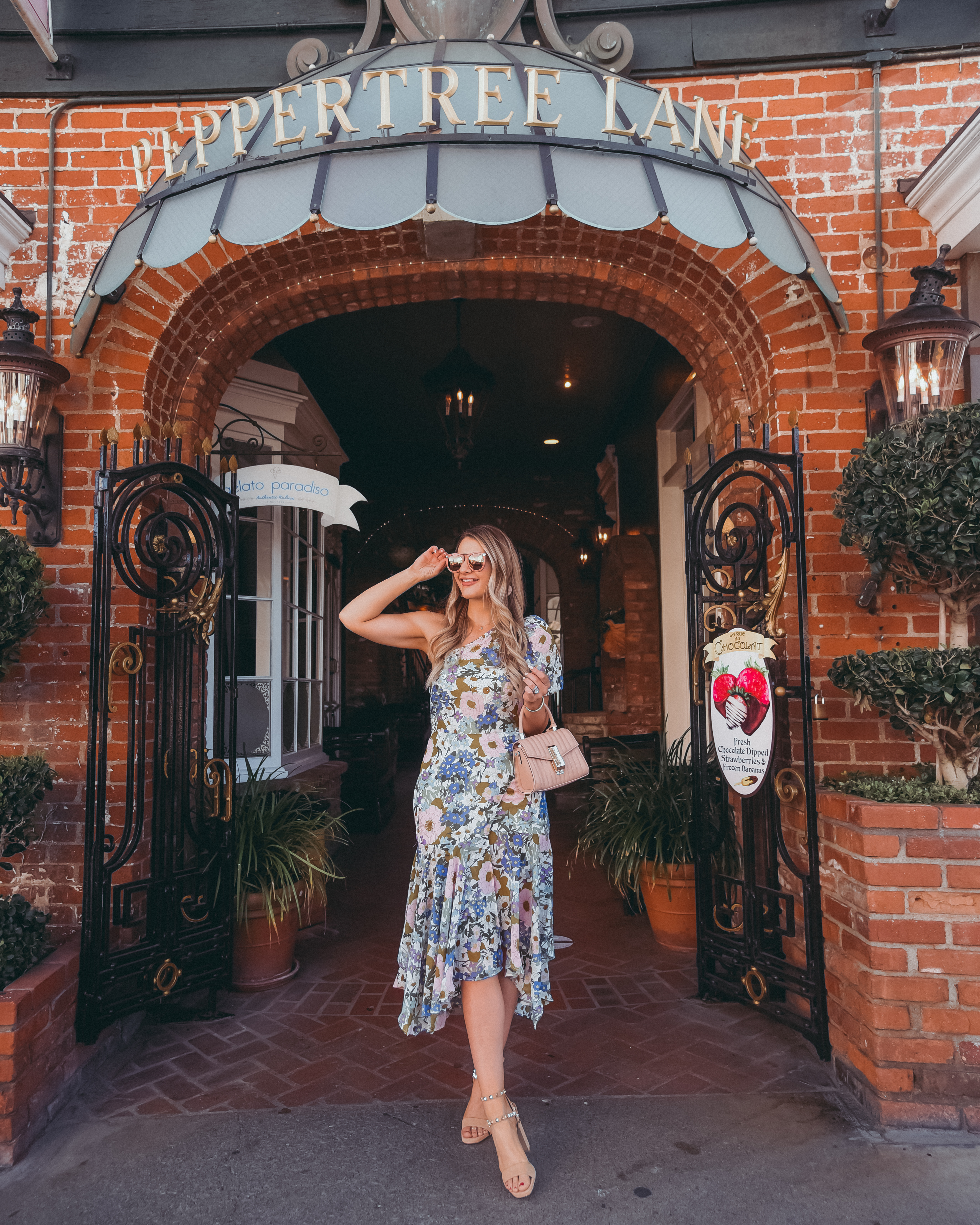 one shoulder floral midi dress with valentino rockstud heels 