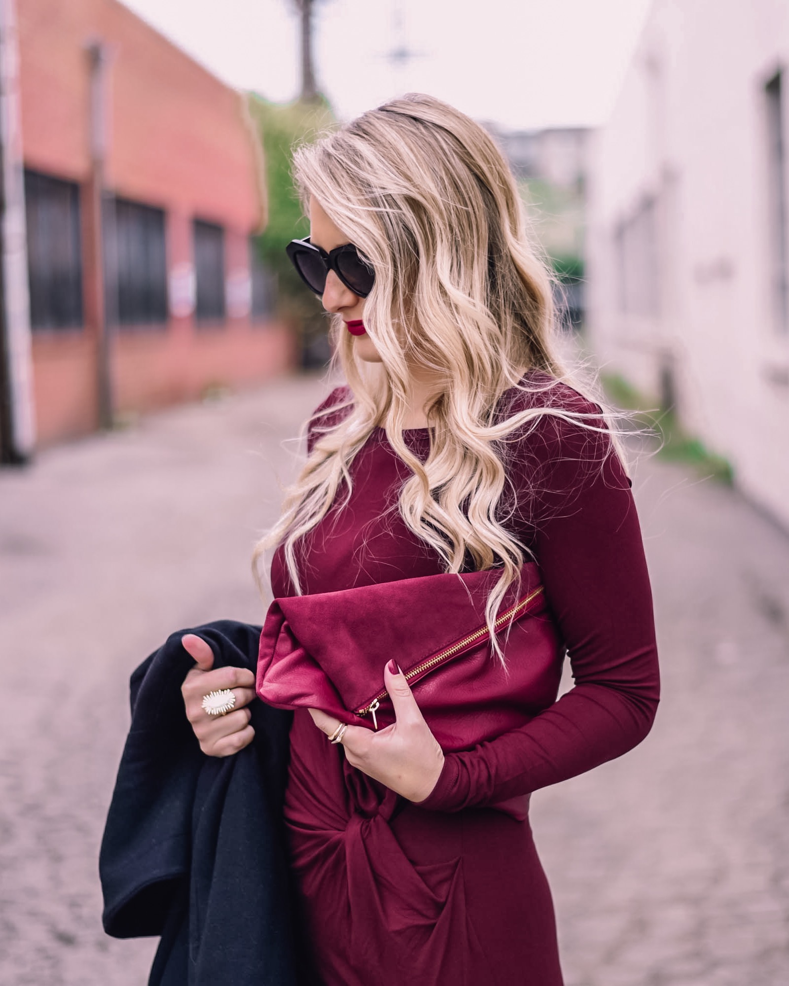 long sleeve date night dress in burgundy